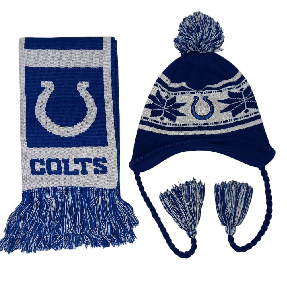 INDIANAPOLIS COLTS Beanie Hat & Scarf NFL Knit Tassles Fringe Football Fan ADULT